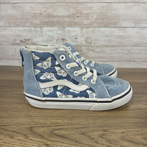 Vans Toddler Sk8-Hi Zip Denim Sneakers Navy True White With Butterflys Size 9c